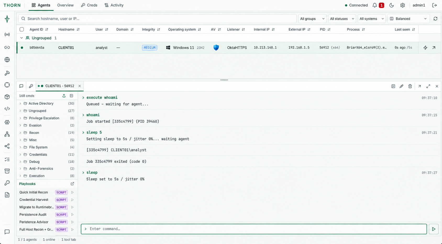 Thorn: agents table and operations console. Recreation with illustrative data.
